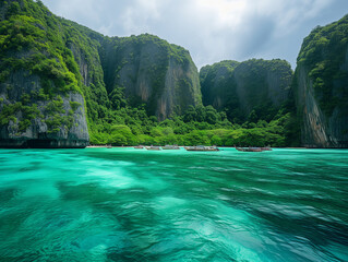 Tropical Island Beachscape in Light Emerald and Dark Crimson Splendor