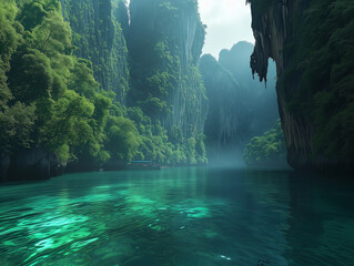 Tropical Island Beachscape in Light Emerald and Dark Crimson Splendor