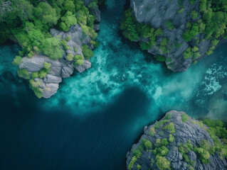 Tropical Island Beachscape in Light Emerald and Dark Crimson Splendor
