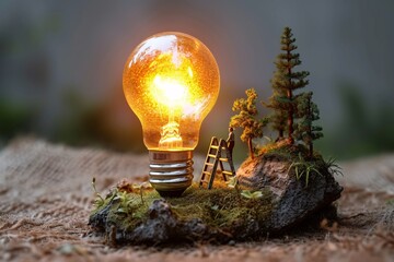  Nature’s Enlightenment - A Surreal Landscape with a Glowing Bulb Amidst Miniature Trees