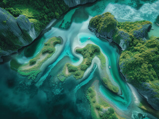 Tropical Island Beachscape in Light Emerald and Dark Crimson Splendor