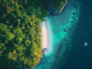 Tropical Island Beachscape in Light Emerald and Dark Crimson Splendor
