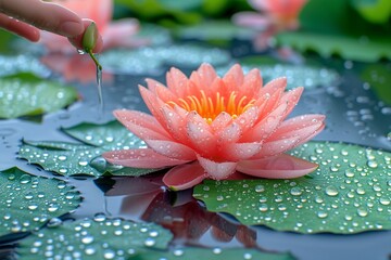 A stunning lotus flower in full bloom, covered in dew drops, floats on water  