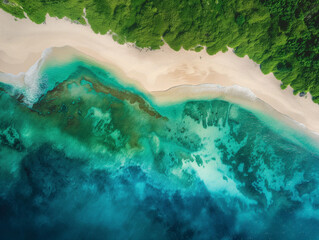 Tropical Island Beachscape in Light Emerald and Dark Crimson Splendor