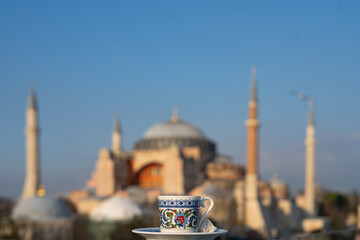 Turkish Coffee and Turkish Delight with Hagia Sophia in the Background, Sultanahmet Square Fatih,...