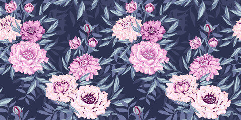 Ornate artistic abstract flowers and leaves, branches seamless pattern on dark blue background. Elegance stylized bouquets of peonies, dahlias and leaf shapes. Vector drawn illustration floral