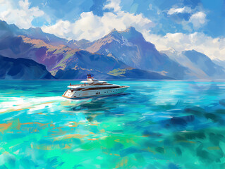 Seaside Serenity: Cruise Journey Through Clear Blue Waters, Framed by Majestic Mountains in Light Emerald and Dark Brown Palette