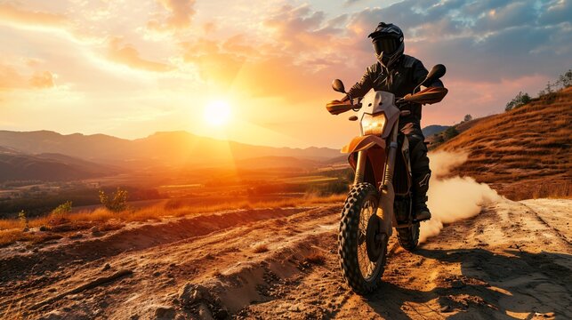 A skilled motorcyclist in complete gear rides a dirt bike on a mountain road at sunset in a 3D rendered scene, representing the idea of fast-paced motorsport as a passionate pastime.