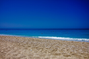 Exotic Beach on the Island of Lefkada, Greek Island, Greece Beautiful Blue Aegean Sea and sky