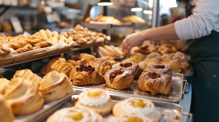A customer selecting warm pastries from a bakery counter, capturing the joy of indulging in freshly made treats