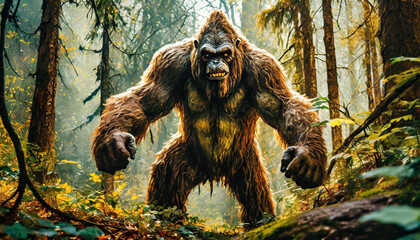 Sasquatch Bigfoot in the forest monster dark horror scary Halloween creepy spooky - obrazy, fototapety, plakaty