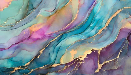 Poster Im Rahmen Currents of translucent hues, snaking metallic swirls, and foamy sprays of color shape the landscape of these free-flowing textures. Natural luxury abstract fluid art painting in alcohol ink technique © Dakwah
