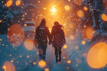 Couple releasing heart-shaped bubbles during a snowy winter day