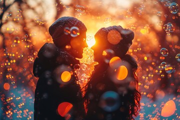 Couple releasing heart-shaped bubbles into the air during a sunset