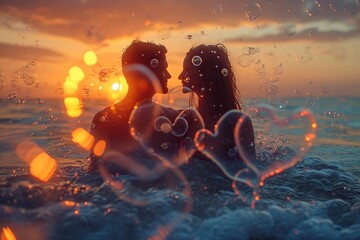 Couple releasing heart-shaped bubbles into the air during a sunset - obrazy, fototapety, plakaty