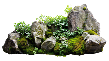 Large rocks with overgrown foliage and moss, plants and foliage around, green nature, isolated on transparent background
