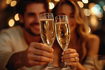 Couple toasting with champagne flutes in a dimly lit room
