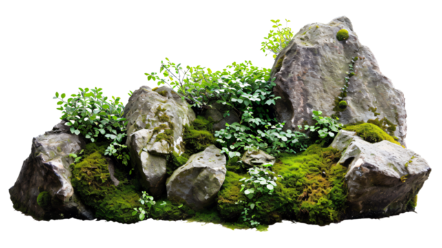 Large rocks with overgrown foliage and moss, plants and foliage around, green nature, isolated on transparent background