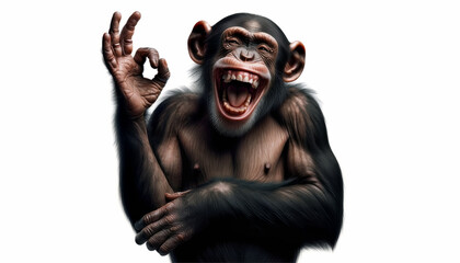 monkey facial expression very funny giving your agreement with an Ok gesture. chimpanzee laughing out loud and hand making an ok or perfect gesture - obrazy, fototapety, plakaty