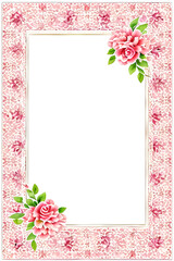 stationery, letter, invitation, or scrapbook paper - white background with pink petal border / frame and pink and red roses with green leaves in the corner