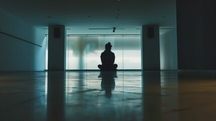 A solitary figure stands in the dimly lit room, casting a haunting silhouette against the bare walls as the faint glow of water trickles through the window, reflecting off the polished flooring and h - obrazy, fototapety, plakaty