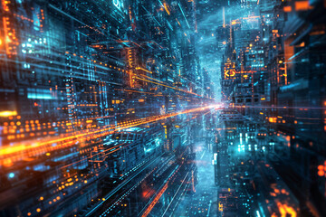 Obraz premium Cybernetic Cityscape with Light Streams. Created with Generative AI