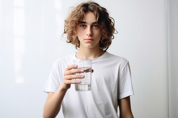 Drink water. Portrait of young teenage boy with glass of fresh water on white background