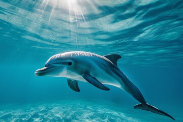 Fototapeta premium A graceful aquatic mammal, the dolphin, elegantly navigates the underwater world with its sleek body and powerful fin, a symbol of the wonders of marine biology and the beauty of nature