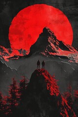 Amidst the splendor of a moonlit sky, two figures bask in the glow of a fiery volcano atop a majestic mountain, immortalized in a breathtaking painting of nature's untamed beauty