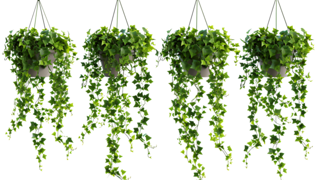 Set of hanging ivy plants on pot, isolated on transparent background