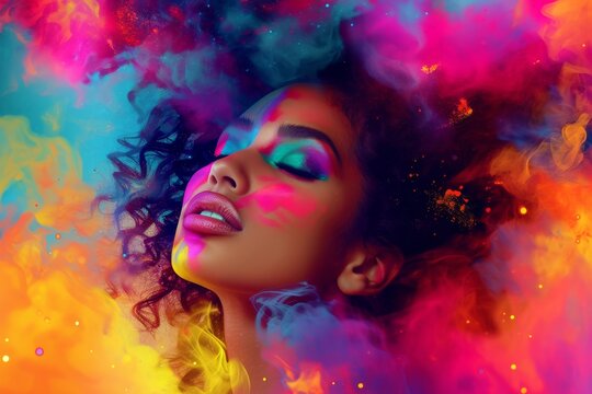 A vibrant woman painted with magenta smoke, her colorful face and bold lipstick capturing the essence of art and femininity