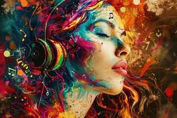 An expressive portrait of a woman lost in the melodic brushstrokes of music, her face adorned with delicate notes that seem to dance along to the beat