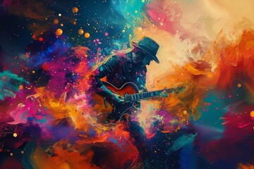 A musician's soulful strumming paints a vibrant symphony of color and abstract expression, his guitar a brush for the modern art of emotion