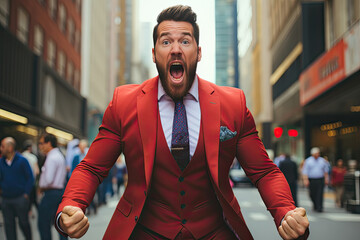 Vibrant Expression: The Eloquent Man in a Fiery Red Suit and Tie, Embracing the Power of Communication - obrazy, fototapety, plakaty