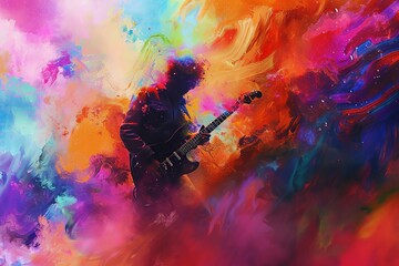 A vibrant display of musical expression, as a person's hands dance across the strings of a guitar, creating a colorful and abstract masterpiece with each stroke of acrylic paint