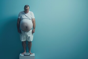 overweight senior man standing on scale and looking at camera isolated on blue.  Overweight and obesity concept. Obesity Concept with Copy Space.