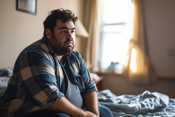 Depressed young man sitting on the bed in his bedroom at home. Overweight and obesity concept. Obesity Concept with Copy Space.