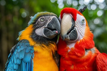 Vibrant plumage and curious beaks adorn these playful parrots as they perch among the lush greenery of the great outdoors