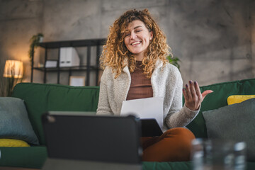 One woman work from home online use digital tablet have video call