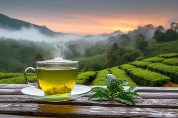 Tea oasis Cup of hot green tea amidst lush plantations