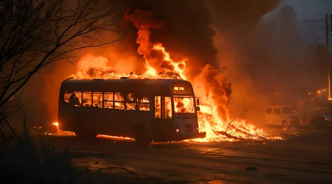 Scene of a bus burning on the road, 4k animated virtual repeating seamless	