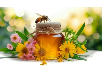 Fotobehang Nature's sweetness Honey bee in jar with flower on white © NBXt