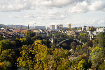 Panoramic view of a Swiss capitol city Bern with The Kirchenfeld Bridge.