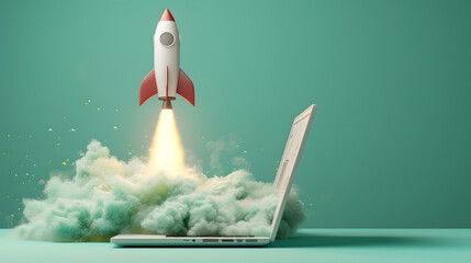 Illustration of a rocket launches from a laptop keyboard. Startup concept.