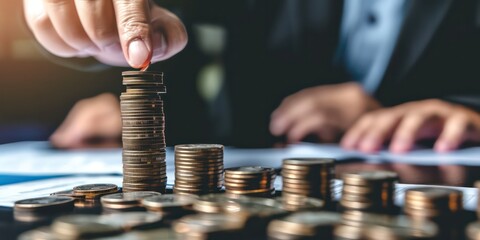 Businessman and his corporate team as they collaborate, stacking coins and meticulously counting them on a table.