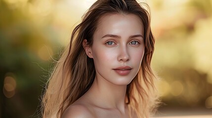 Naklejka premium Captivate with a beautiful woman's face against a natural background. Explore the perfect blend of beauty and nature in every glance. Generative AI
