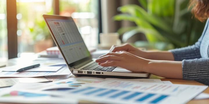 person's hands typing on a laptop with tax spreadsheets, surrounded by legal tax documents and deduction files, in a high-detail office setting