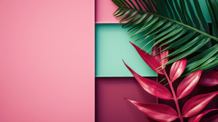 Tropical Foliage on Color Block Background. Vibrant pink and green leaves against a split pink and turquoise backdrop