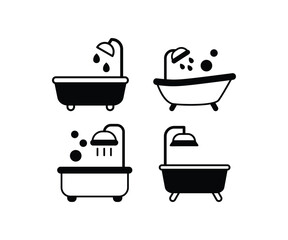 bathtub with shower icons vector for bathroom furniture element decoration design simple black white illustration collections sets isolated