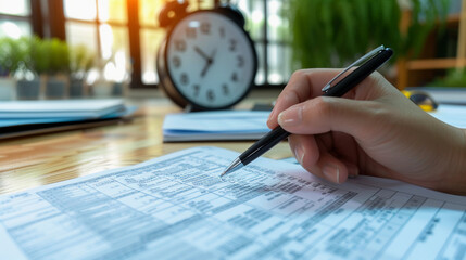 hand holding a pen, checking off tax deduction items on a detailed form, with a clock showing...